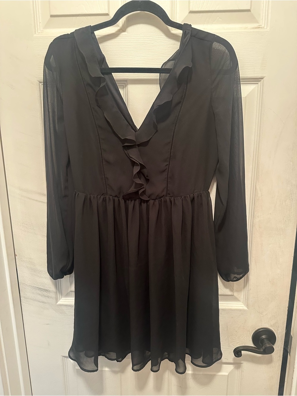 Express Black Ruffle V-Neck Long Sleeve Sheer Mini Dress Y2K - Picture 1 of 5